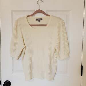 Marled Ivory Ribbed Knit Short Sleeve Sweater Top Preppy XL
